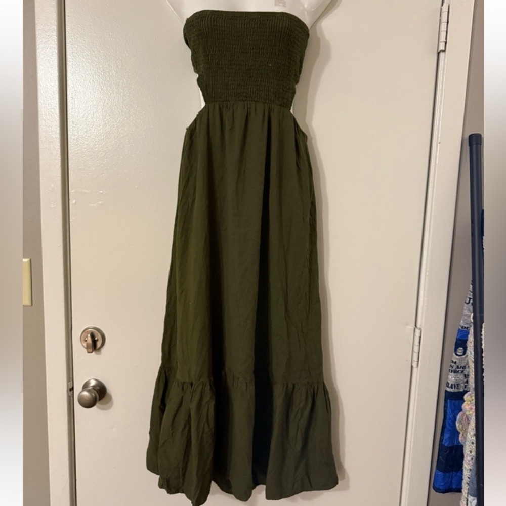 Zara Women's Dress Linen Blend Olive Green Smocked Size XS